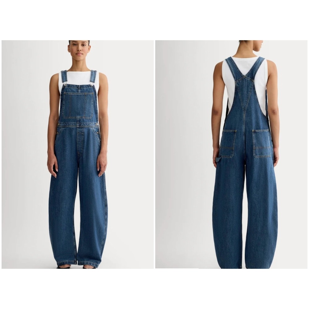 Everlane Curved Leg Denim Overalls WMS LG Waist Medium Wash Organic Cotton Blue